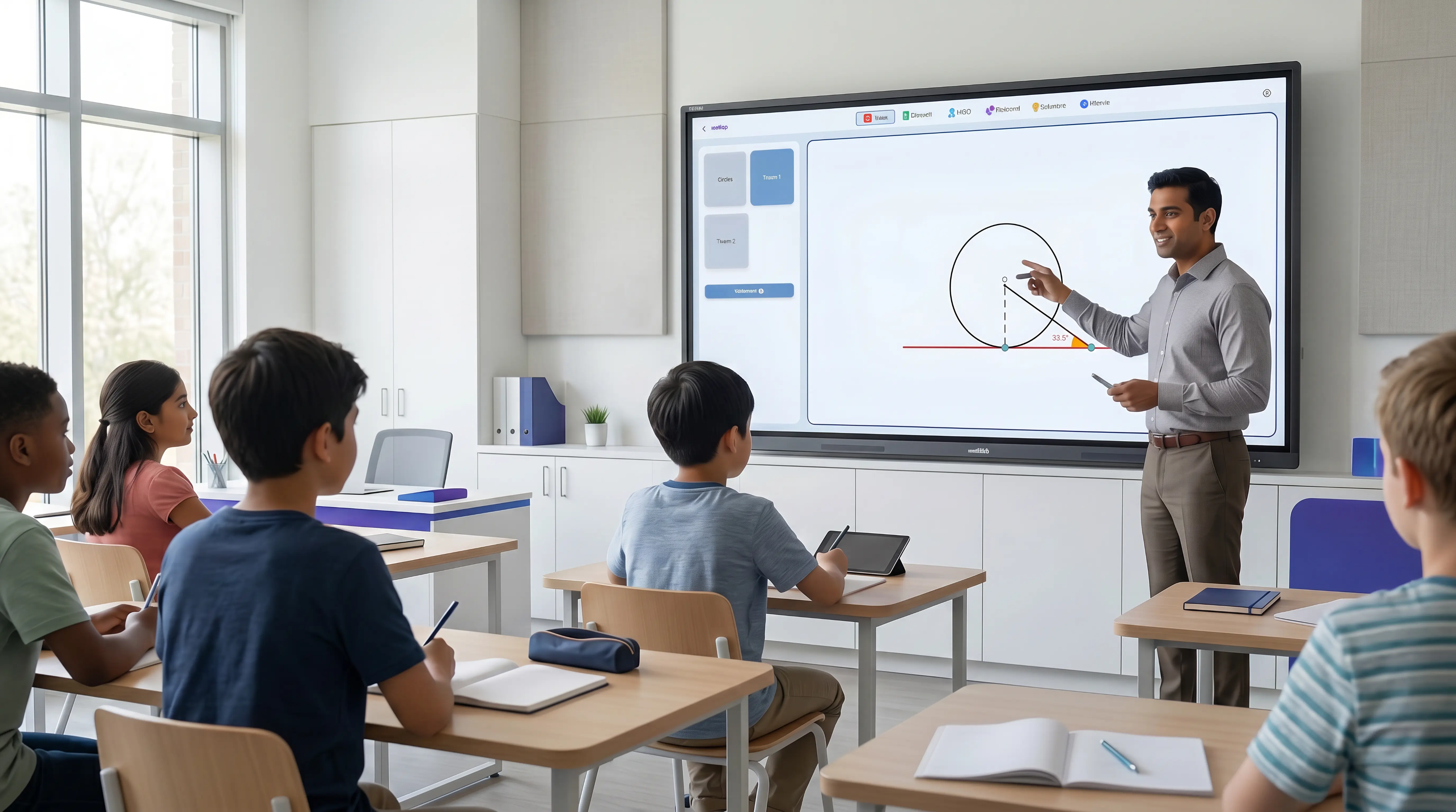 Teacher using smart board in classroom